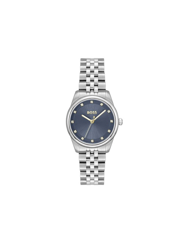 BOSS GRACEFUL PRECIOUS 1502809 – elegantan ženski sat izrađen od nerđajućeg čelika u boji srebra, sa teget brojčanikom ukrašenim cirkonima koji dodaju sofisticirani sjaj. Okruglo kućište prečnika 32mm, mineralno staklo, kvarcni mehanizam i vodootpornost do 30m čine ovaj sat savršenim spojem luksuza i prefinjenog stila za svaku priliku.