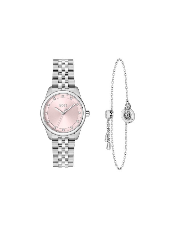 BOSS GRACEFUL PRECIOUS BOX SET 1570189 – luksuzni ženski set koji kombinuje eleganciju i prefinjenost. Sat od nerđajućeg čelika u boji srebra sa svetlo roze brojčanikom ukrašenim cirkonima i pratećom narukvicom čini savršen poklon za svaku priliku. Kućište prečnika 32mm, mineralno staklo, kvarcni mehanizam i vodootpornost do 30m – spoj kvaliteta i stila za moderne dame.