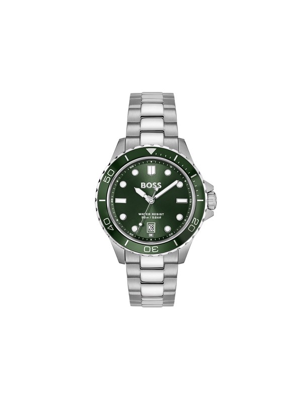 BOSS TROPER SPORT 1514294 – muški sportski sat inspirisan ronilačkim modelima. Kućište od nerđajućeg čelika sa zelenom rotirajućom koronom i srebrnom narukvicom od čelika. Savršen spoj sportskog duha i prefinjenog stila.