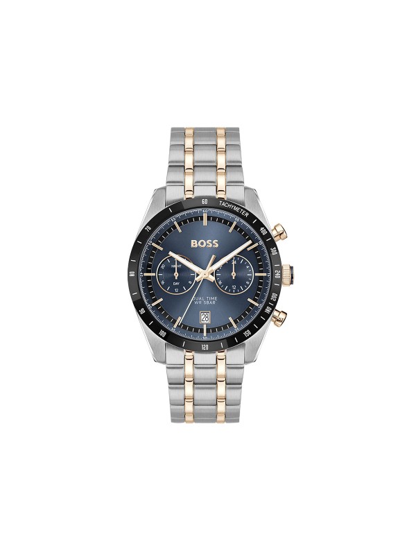 BOSS TOURMASTER 1514288 – muški dual time sat sa plavim “panda” brojčanikom i tahimetrom. Kućište od nerđajućeg čelika u boji srebra sa plavom koronom i narukvica u kombinaciji srebra i roze zlata. Elegantni retro dizajn sa savremenim detaljima.