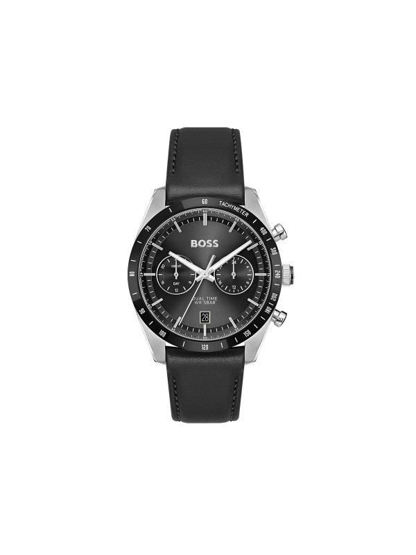 BOSS TOURMASTER 1514284 – muški sat sa dualnim vremenom i crnim “panda” brojčanikom. Kućište od nerđajućeg čelika sa crnim tahimetarskim okvirom, kupolasto staklo i crna kožna narukvica. Savršen spoj retro šarma i moderne preciznosti.