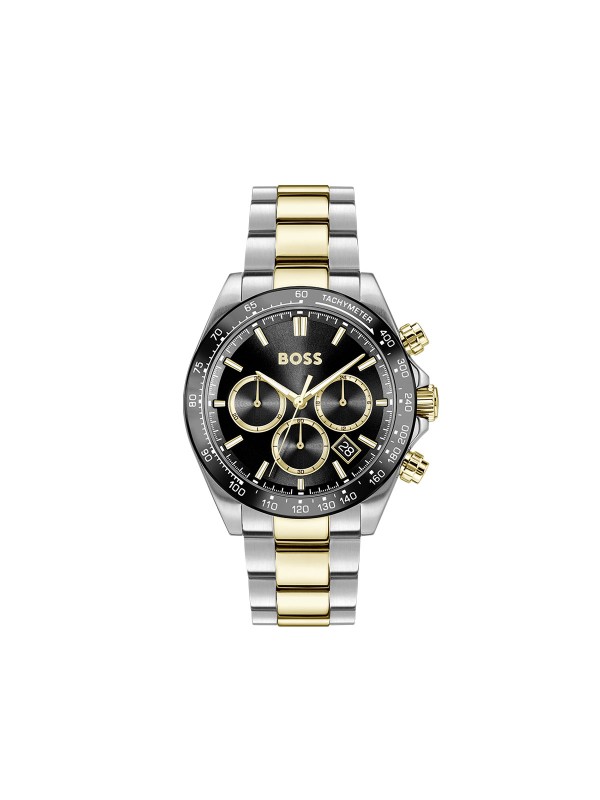BOSS HERO 2.0 1514269 – muški sportski hronograf od nerđajućeg čelika u kombinaciji boja srebra i žutog zlata. Crni brojčanik sa zlatnim detaljima i tahimetrom na okviru kućišta. Luksuzan dizajn inspirisan automobilizmom i trkama.