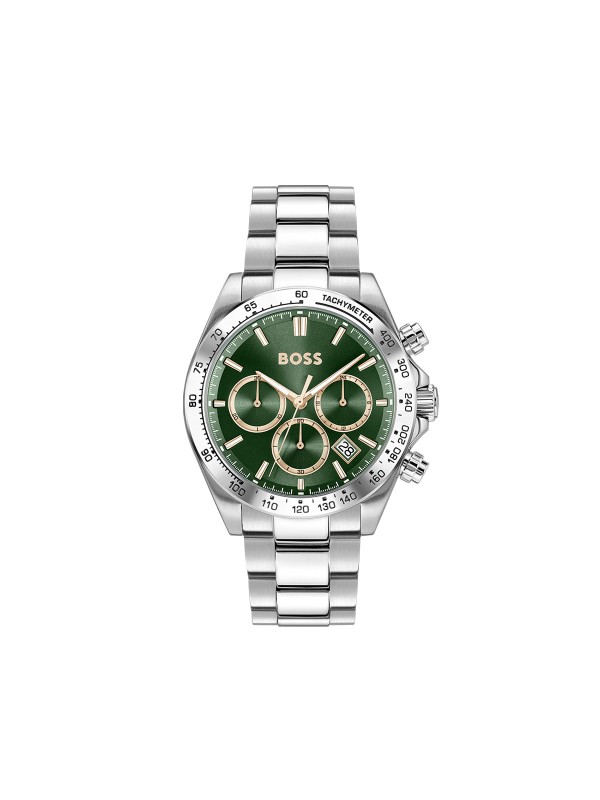 BOSS HERO 2.0 1514268 – sportski muški hronograf inspirisan automobilizmom i trkama. Kućište i narukvica od nerđajućeg čelika u boji srebra, zeleni brojčanik sa zlatnim detaljima i tahimetrom. Savršen spoj preciznosti i trkačke elegancije.
