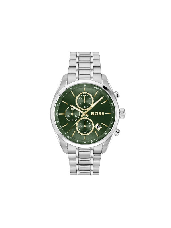 BOSS GRAND PRIX 44 1514266 – muški sportsko-elegantni hronograf izrađen od nerđajućeg čelika u boji srebra sa luksuznim zelenim brojčanikom i zlatnim detaljima. Inspirisan trkama, sa integrisanom narukvicom od pet karika i vodootpornošću od 50m.