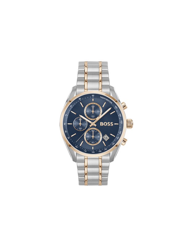 BOSS GRAND PRIX 40 1514260 – sportsko-luksuzni muški hronograf inspirisan trkama. Kućište od nerđajućeg čelika u boji srebra sa detaljima u roze zlatu i plavim brojčanikom. Kombinuje sportsku dinamiku i sofisticiran dizajn za savršen moderan izgled.