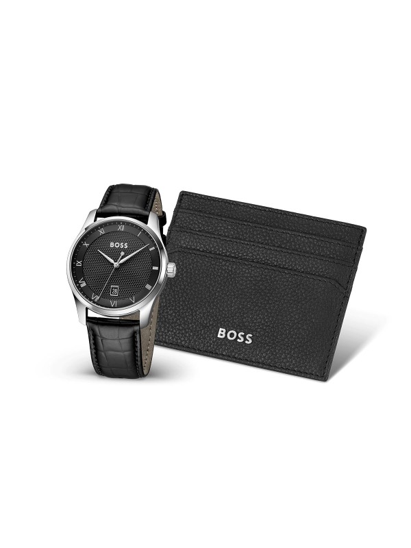 BOSS PRINCIPLE BOX SET 1570190 – elegantni muški sat sa crnim brojčanikom, kućištem od nerđajućeg čelika u boji srebra i kožnom narukvicom u crnoj boji. Opremljen kvarcnim mehanizmom 3H sa datumom i mineralnim staklom. U kompletu se nalazi luksuzna crna kožna futrola za kartice. Savršen poklon za muškarce koji vole stil i sofisticiranost.