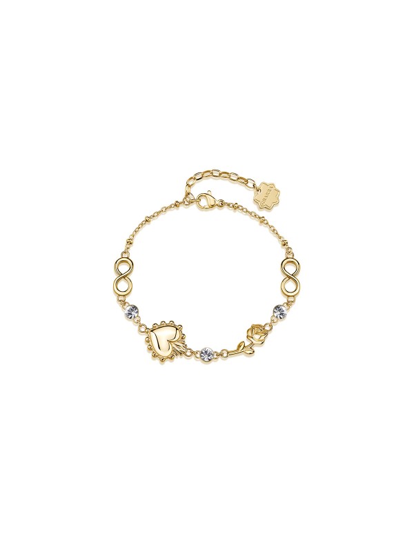 Brosway CHAKRA narukvica u boji žutog zlata donosi spoj simbola ljubavi, lepote i večnosti – srce, ruža i znak beskonačnosti. Uz blistavi cirkon i toplu zlatnu nijansu, ova narukvica odiše romantičnom elegancijom i ženstvenošću.