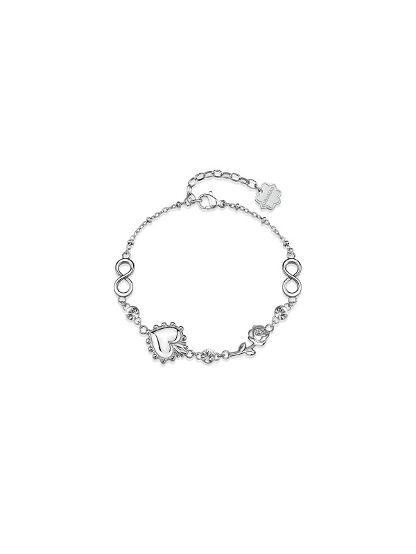 Brosway CHAKRA narukvica u boji srebra spaja simboliku ljubavi, lepote i večnosti kroz motive srca, ruže i znaka beskonačnosti. Ukrašena cirkonom, izrađena od nerđajućeg čelika, odiše elegancijom i suptilnim značenjem.