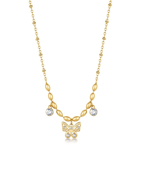 Brosway CHAKRA ogrlica u boji žutog zlata sa priveskom leptira i dva cirkona simbolizuje slobodu, svetlost i ženstvenu gracioznost. Izrađena od nerđajućeg čelika, savršen je izbor za elegantan i svakodnevno sofisticiran izgled.