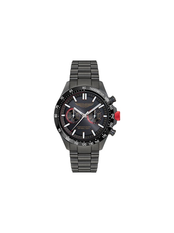 Aston Martin MTIS1F504 – muški hronograf od recikliranog nerđajućeg čelika sa IP prevlakom u crnoj boji. Elegantno crno kućište i brojčanik sa crvenim akcentima i tahimetarskom skalom. Osvetljene kazaljke, vodootpornost 100m i mineralno staklo sa safirnom prevlakom čine ovaj model simbolom luksuzne sportske elegancije.