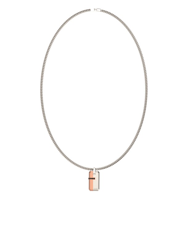 Guess NOIR muška ogrlica od nerđajućeg čelika u boji srebra sa elegantnim detaljem u boji roze zlata. Moderan i upečatljiv dodatak za sofisticiran, muževan stil.