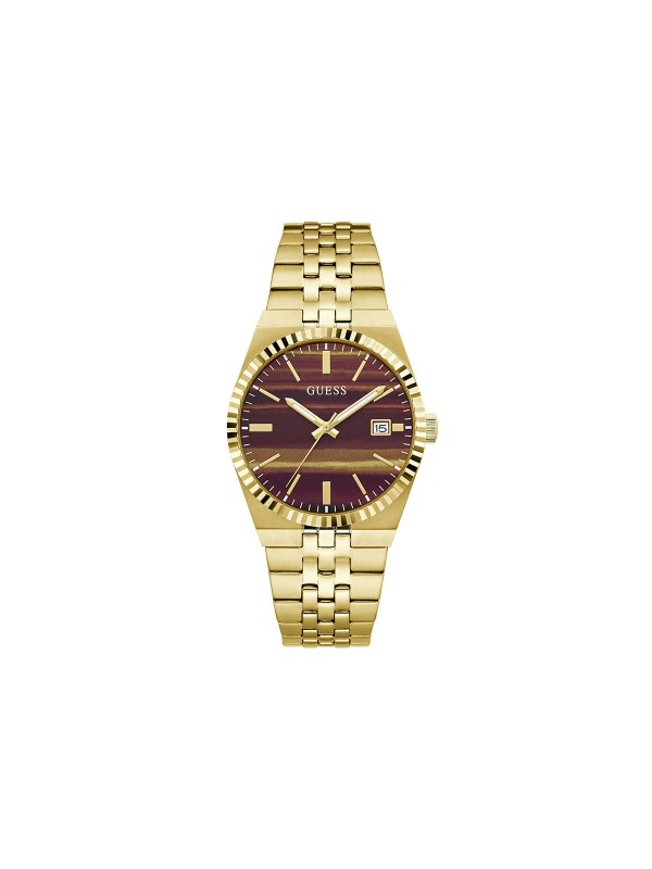 Guess VINCENT muški sat u boji žutog zlata sa braon brojčanikom sa uzorkom tigrovog oka. Prečnik 39 mm i prikaz datuma. Naruči online!