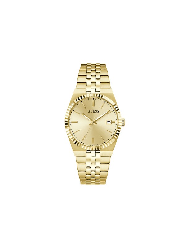 Guess Vincent muški sat u boji žutog zlata sa šampanj sunray brojčanikom. Prečnik 39 mm, prikaz datuma i moderan dizajn. Naruči online!