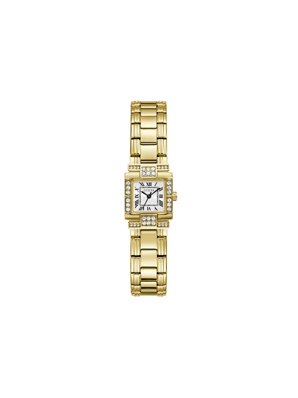 Guess Taylor ženski sat u boji žutog zlata sa kvadratnim kućištem, belim brojčanikom i cirkonima. Rimski brojevi i elegantan dizajn. Naruči online!
