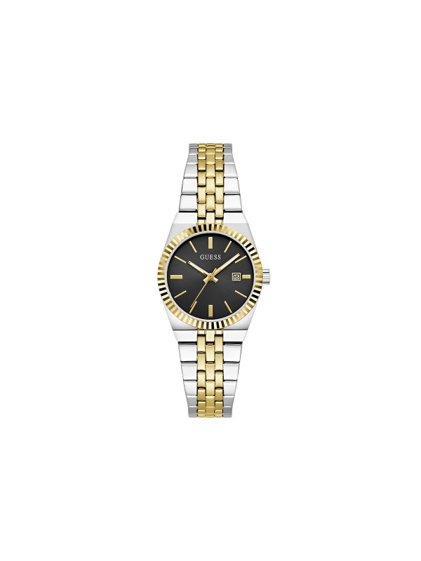 Guess VERA ženski sat u kombinaciji srebra i žutog zlata sa crnim sunray brojčanikom. Prečnik 32 mm i elegantan dizajn. Naruči online!