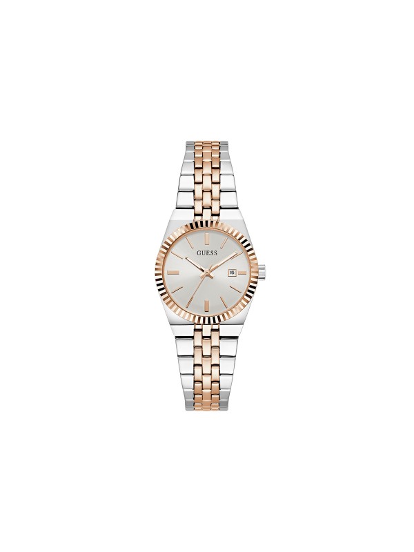Guess VERA ženski sat u kombinaciji srebra i roze zlata sa belim sunray brojčanikom. Prečnik 32 mm i prikaz datuma. Naruči online!
