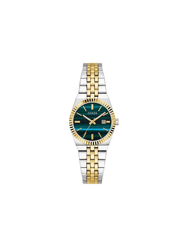Guess VERA ženski sat u kombinaciji srebra i žutog zlata sa zelenim brojčanikom inspirisanim malahitom. Prečnik 32 mm. Naruči online!