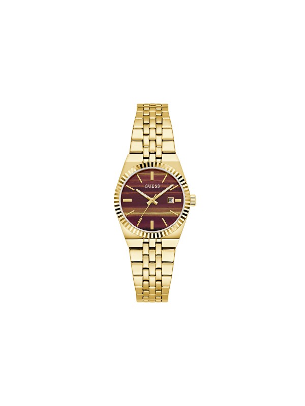 Guess VERA ženski sat u boji žutog zlata sa braon brojčanikom inspirisanim tigrovim okom. Prečnik 32 mm i elegantan dizajn. Naruči online!