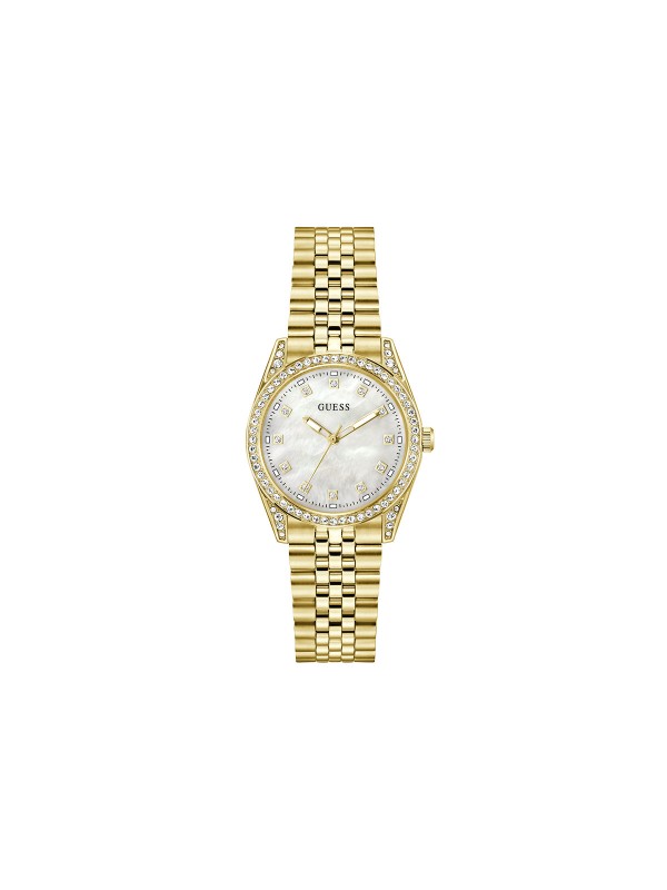 Guess JADA ženski sat u boji žutog zlata sa sedefastim brojčanikom i cirkonima. Prečnik 34 mm i elegantan dizajn. Naruči online!