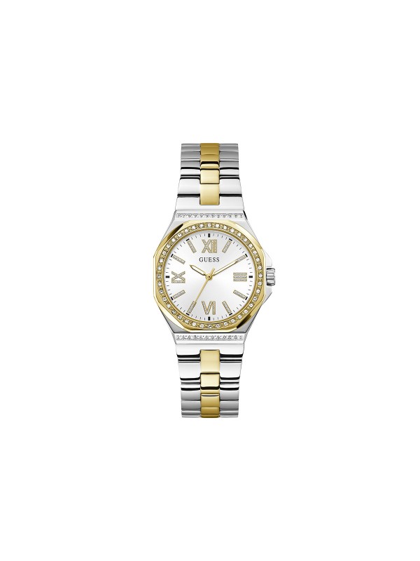Guess Empress ženski sat u kombinaciji srebra i žutog zlata sa belim brojčanikom i rimskim brojevima. Osmougaono kućište 34 mm. Naruči online!