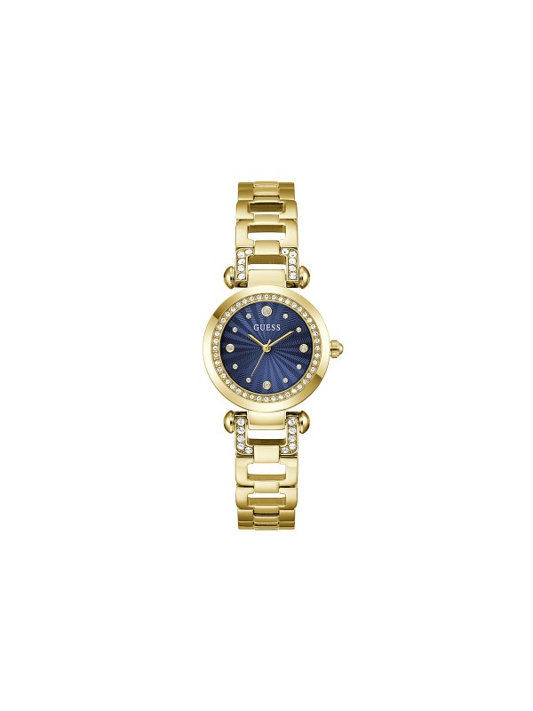 Guess GINGER ženski sat u boji žutog zlata sa plavim sunray brojčanikom i cirkonima. Prečnik 30 mm i kvarcni mehanizam. Naruči online!