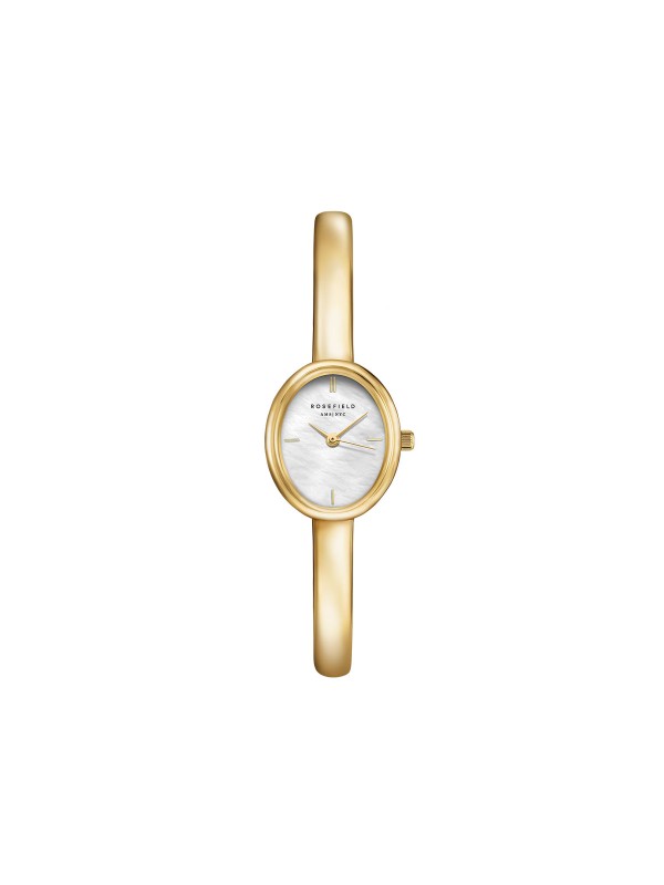 Ženska Rosefield BANGLE narukvica u boji žutog zlata sa elegantnim ovalnim dizajnom i belim sedefom. Naruči online!