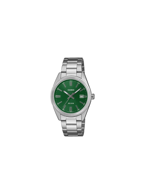 Casio Timeless unisex sat sa zelenim brojčanikom i srebrnim kućištem od 35 mm. Prikaz datuma i vodootpornost do 50 m. Naruči online!