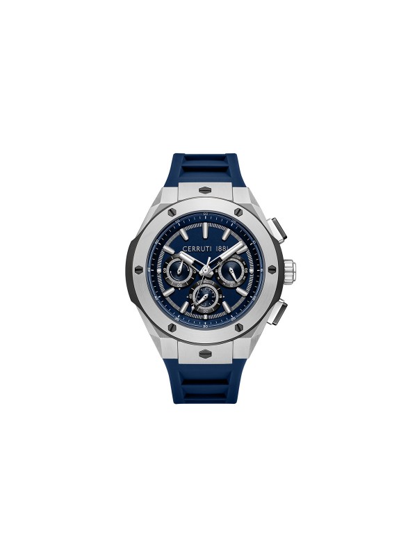 Cerruti 1881 Ruscello. Sportski sat srebrnog tona sa teget narukvicom. Industrijski dizajn, safirni premaz i 100m vodootpornost.