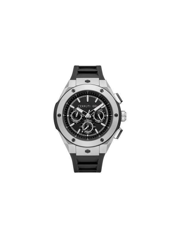 Cerruti 1881 Ruscello. Srebrni sportski sat sa industrijskim zavrtnjima. Crna narukvica koja diše i 100m vodootpornost.