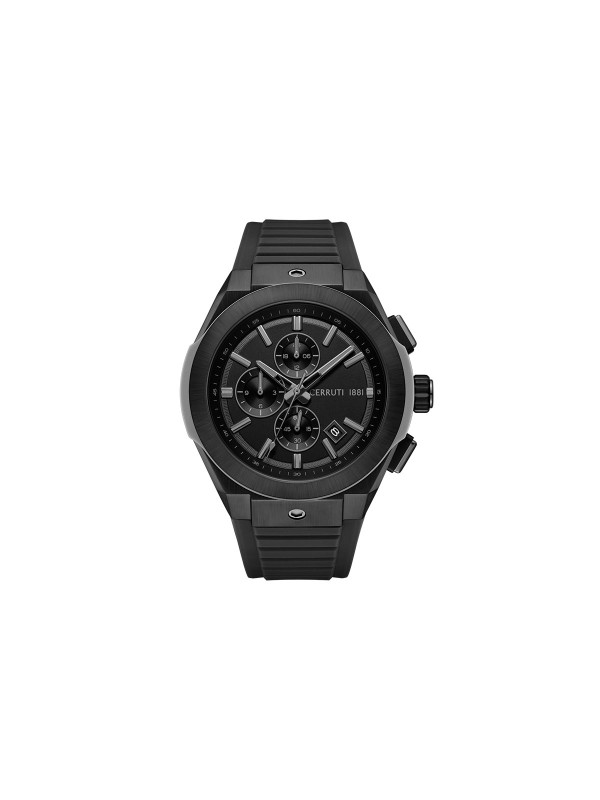 Cerruti 1881 Ruscello. Potpuno crni sportski sat (48mm). Vodootpornost 100m, crni brojčanik i crna silikonska narukvica.