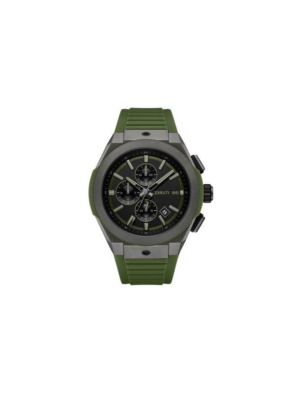 Cerruti 1881 Ruscello. Veliki sportski sat (48mm) gunmetal boje. Maslinasto zelena narukvica i vodootpornost 100m.