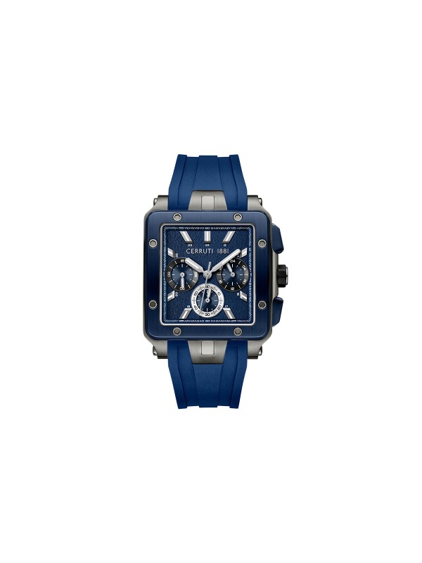 Cerruti 1881 Odissea Master. Crni čelični sat sa teget detaljima. Kvadratno kućište, industrijski zavrtnji i teget silikonska narukvica.