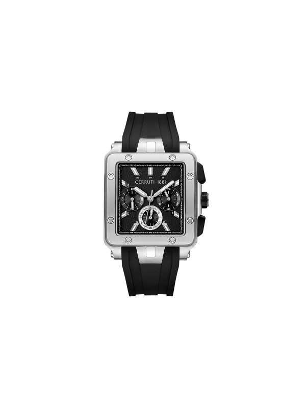 Cerruti 1881 Odissea Master. Robustan multifunkcionalni sat srebrnog tona sa industrijskim zavrtnjima. Crni brojčanik i silikonska narukvica.