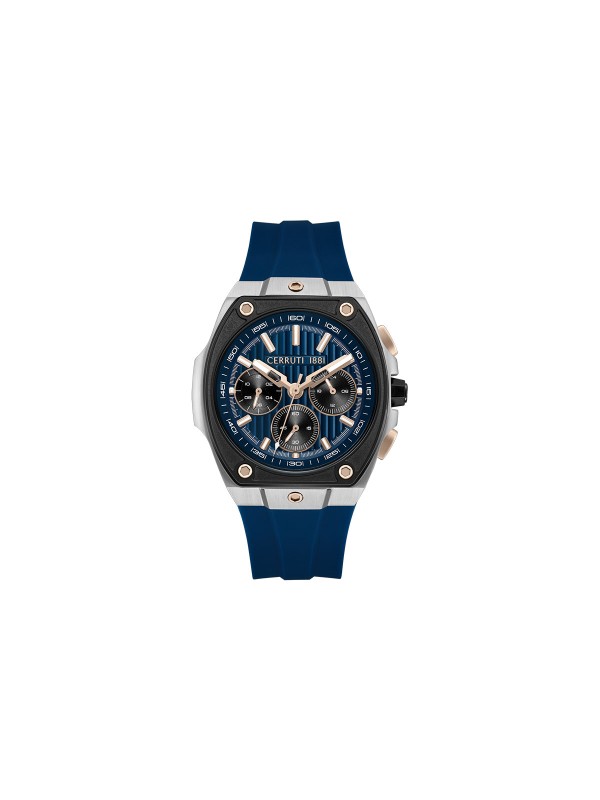 Cerruti 1881 Cavedago hronograf. Srebrno kućište sa crnom koronom i detaljima u boji roze zlata. Teget brojčanik i silikonska narukvica.