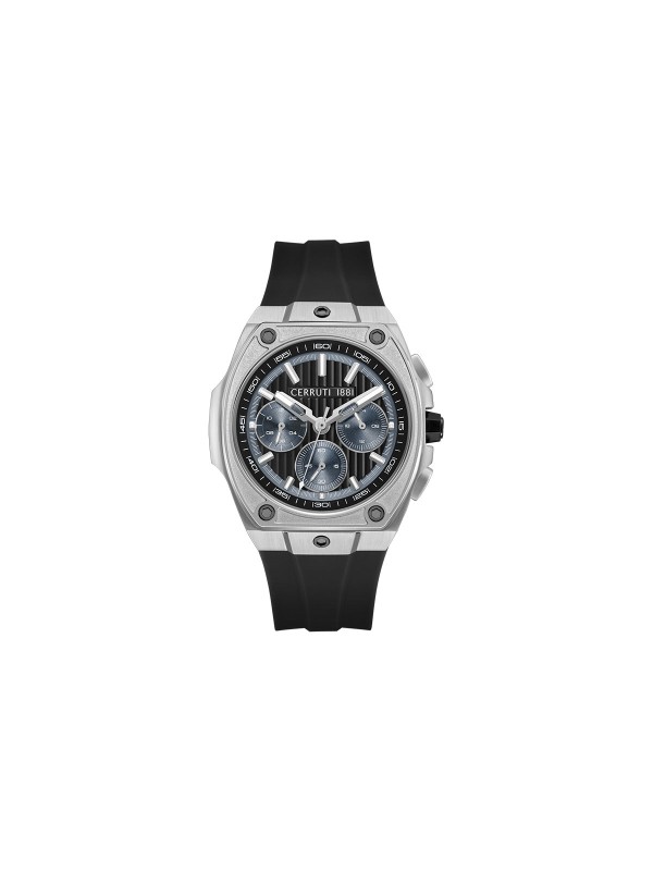 Cerruti 1881 Cavedago. Muški hronograf industrijskog dizajna. Crni mat brojčanik, gunmetal detalji i udobna silikonska narukvica.