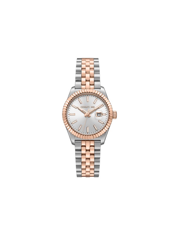 Cerruti 1881 Chienti. Dvobojni sat (srebro/roze zlato) sa srebrnim sunray brojčanikom. Elegantan dizajn sa datumom pod lupom i reckavom koronom.