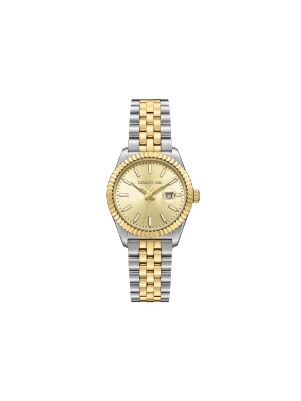 Cerruti 1881 Chienti. Elegantan dvobojni sat (srebro/žuto zlato) sa šampanj sunray brojčanikom. Poseduje datum sa lupom i prepoznatljivu izrezbarenu koronu.