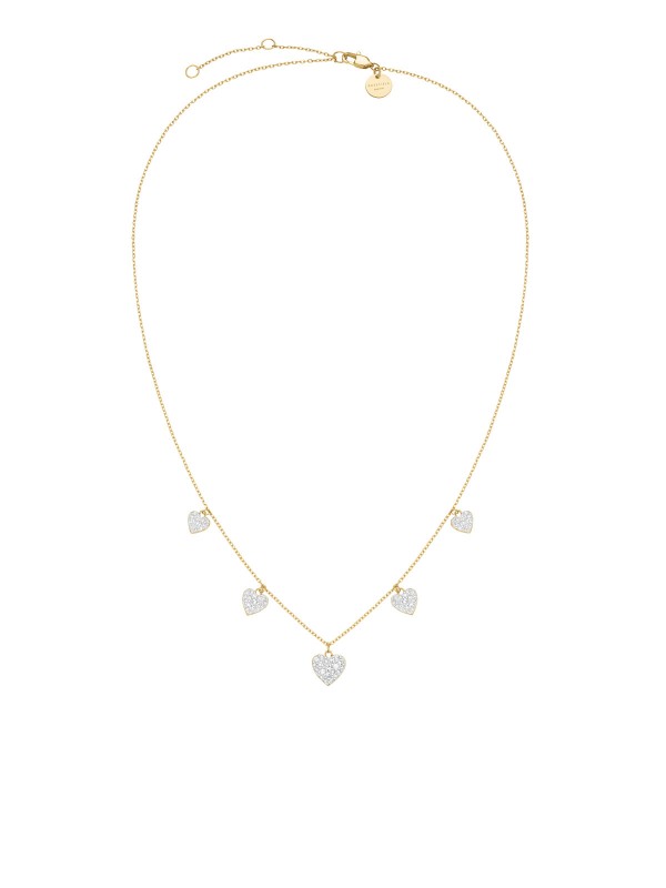 Ogrlica u zlatnom tonu sa nizom visećih srca. Ukrašena belim cirkonima za razigran i svetlucav efekat oko vrata.