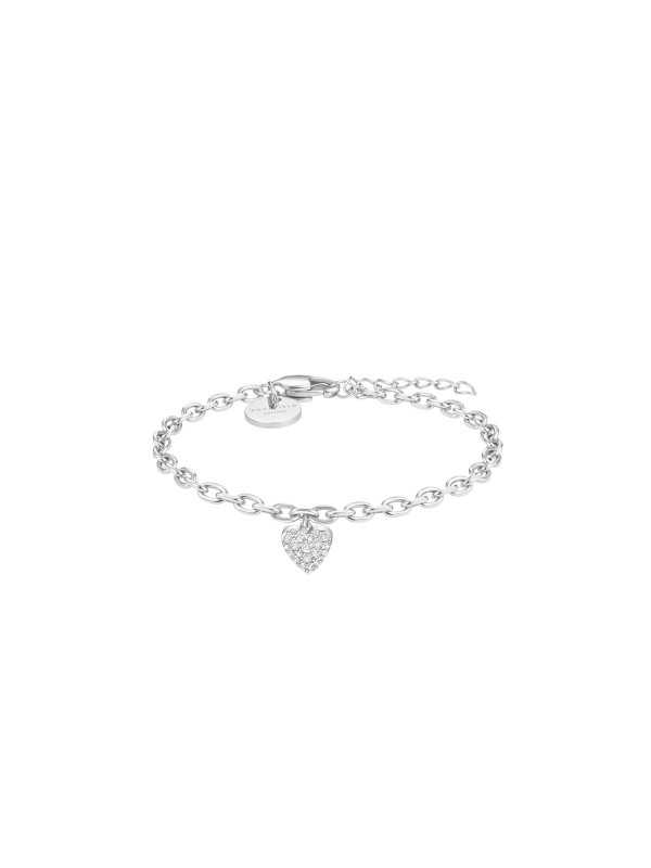 Moderna chunky narukvica u srebrnom tonu sa masivnijim karikama. Privesak srce sa cirkonima spaja urbani stil i eleganciju.