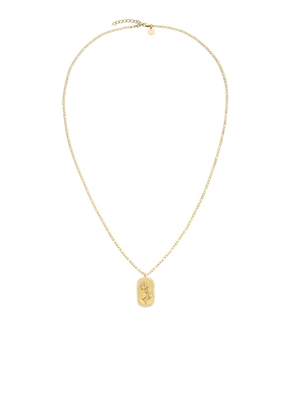 Duga ogrlica (69cm) u zlatnom tonu sa priveskom margarete i žutim cirkonom. Simbol čistoće i novih početaka.