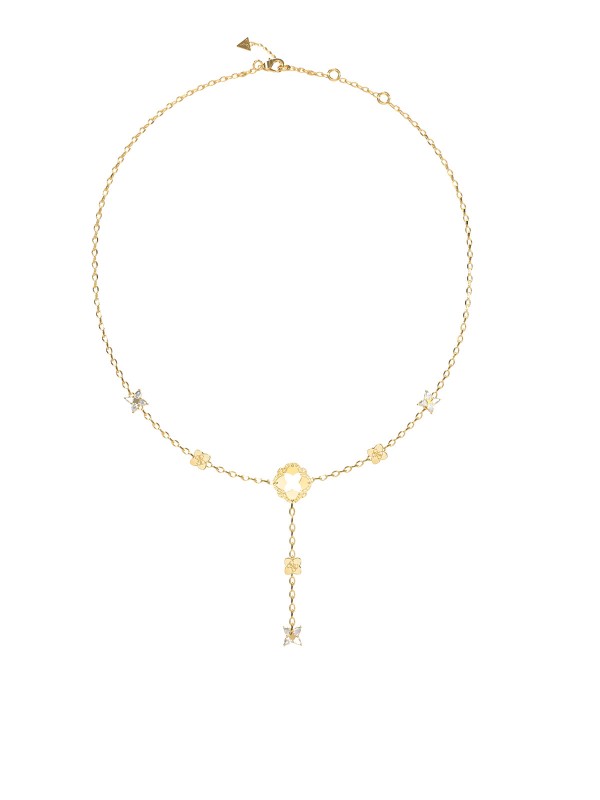Elegancija koja izdužuje siluetu. Moderna ogrlica "Y" oblika u zlatnom tonu koja se senzualno spušta niz dekolte. Ukrašena je asimetričnim detaljima lista i blistavog cveta sa cirkonima za prirodan, boho-šik izgled.
