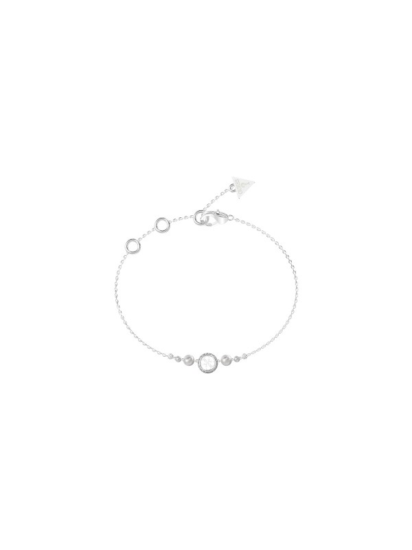 Spoj modernog i klasičnog. Tanka narukvica u srebrnom tonu koja balansira između trenda (prepoznatljiv 4G logo) i elegancije (dva nežna bisera). Suptilan komad nakita idealan za "stacking" sa satom.