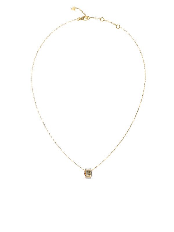 Moderan minimalizam. Ogrlica u zlatnom tonu sa priveskom u obliku valjka (barrel) koji kombinuje srebrni i zlatni sjaj. Centralni niz cirkona daje diskretnu, ali efektnu završnicu ovom bezvremenskom komadu.