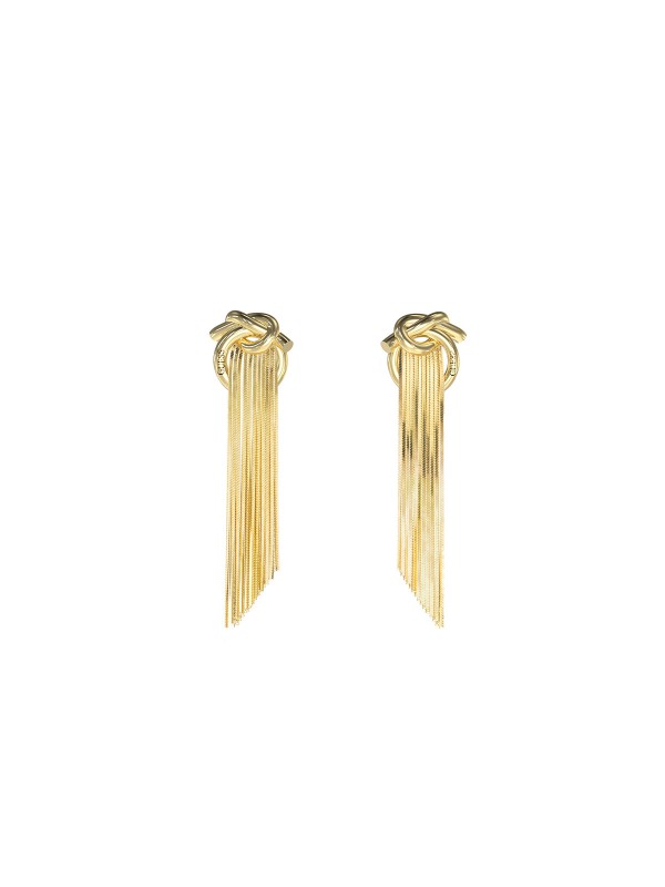 Dramatičan efekat pri svakom pokretu. Duge viseće minđuše (96mm) gde se iz motiva čvora spuštaju fluidne resice od tankih lančića. Glamurozan izbor za večernje kombinacije.