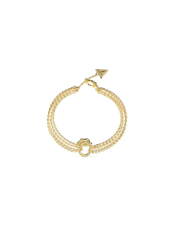 Simbol neraskidive veze. Efektna narukvica sastavljena od više lančića koji se spajaju u centralni motiv čvora. Izrađena od čelika u luksuznom zlatnom tonu.