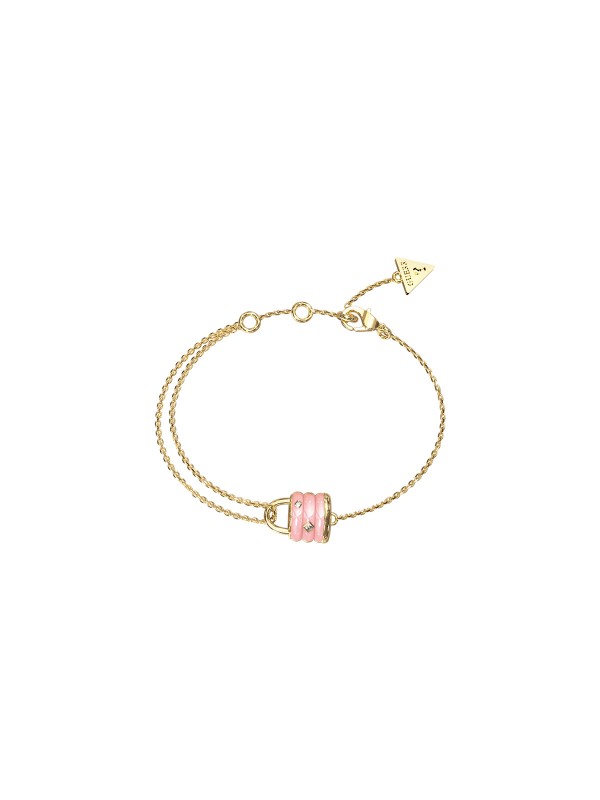 Romantičan dodir boje. Narukvica u zlatnom tonu ukrašena kultnim priveskom u obliku katanca, osvežena nežnim roze emajlom i blistavim cirkonima. Podesiva dužina.