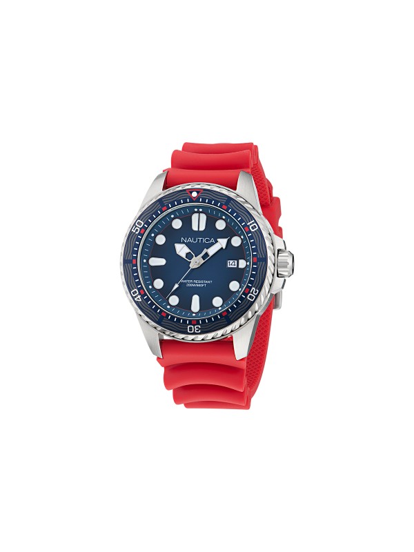 Nautica NCT Sea Dive muški sportski ronilački sat sa teget brojčanikom, crvenom silikonskom narukvicom, kvarcnim mehanizmom i vodootpornošću do 200m.