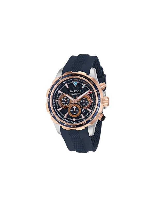 Nautica NST muški sportski hronograf sa teget brojčanikom, kvarcnim mehanizmom, silikonskom narukvicom i vodootpornošću do 100m.