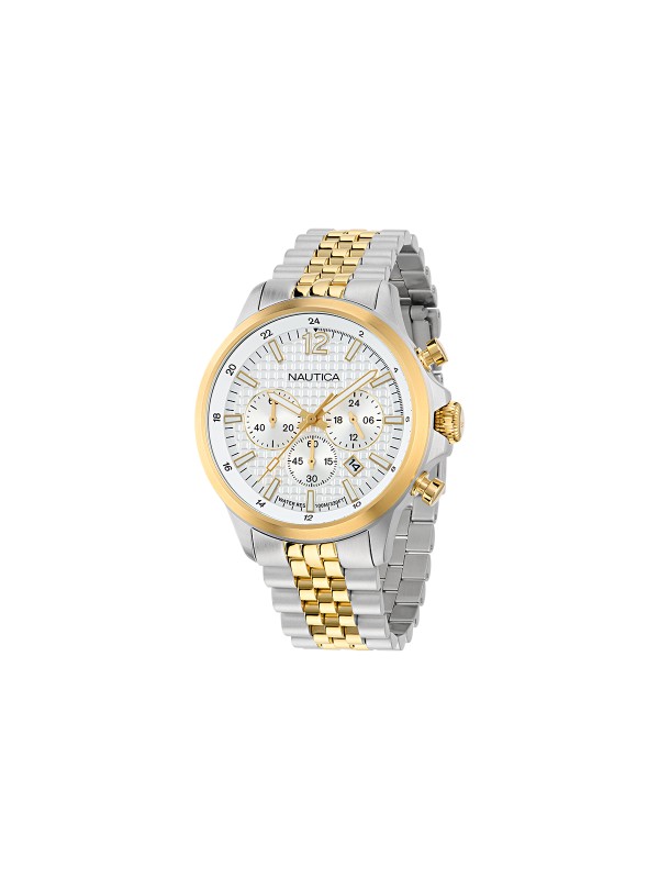 Nautica NCT Blue Ocean muški hronograf od nerđajućeg čelika u srebrnoj i zlatnoj boji, kvarcni mehanizam, vodootpornost 100m i sportsko-elegantan dizajn.