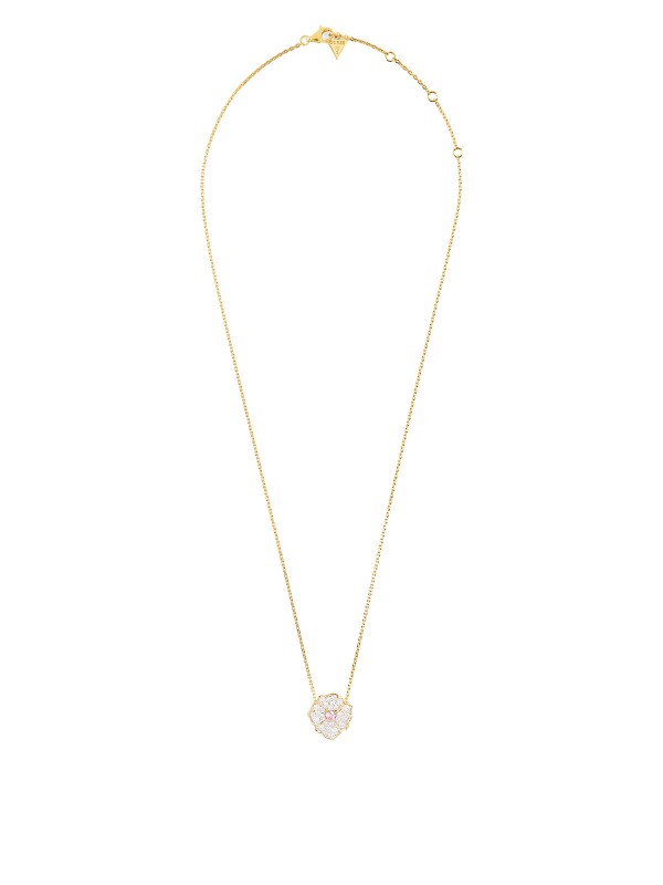 Ženska srebrna ogrlica Frosted Petal od srebra 925 sa 18ct zlatnom prevlakom, priveskom u obliku cveta, cirkonima i roze kristalom u sredini. Elegantni Guess nakit za svaki dan.